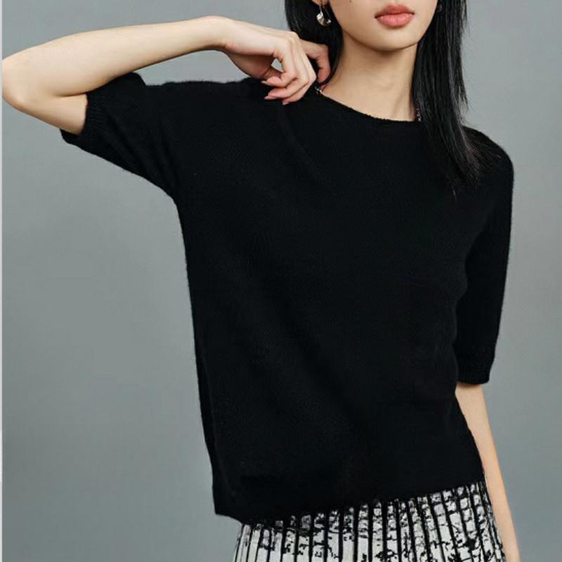 

IHUASU Вязаная футболка с коротким рукавом Женская Весенне-летняя Кашемировый пуловер Универсальный Модный джемпер Повседневная Базовая футболка XL чёрный