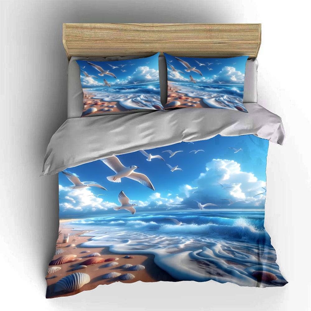 Seagulls Soaring Over Blue Coast Duvet Cover Set With 3D Printing Design Soft Polyester Bedding Set All-Season Comfort