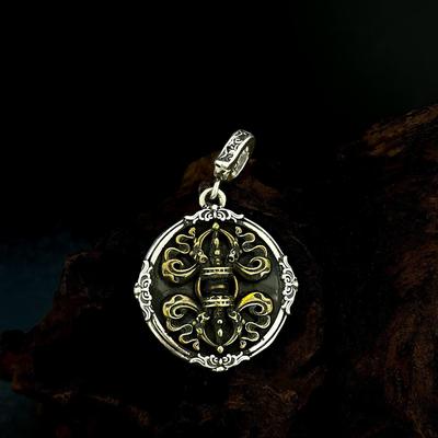 S925 Sterling Silver Vajra Pendant: Retro Tibetan Buddhist Round Plate with Ethnic Style and Universal Buckle