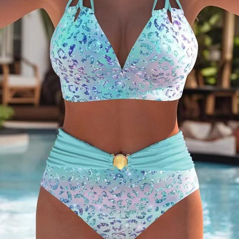 Europe and The United States New Gradual Change Leopard Print Print Female Sexy Beach Bikini Tether Split Swimsuit