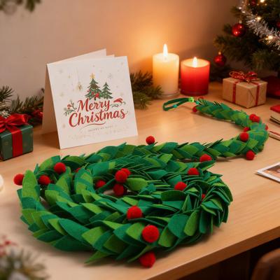 6ft Christmas Felt Holly Berry Garland Handmade Mistletoe Leaf Garland with Red Berries for Home Wedding Party Fireplace Mantle Decoration