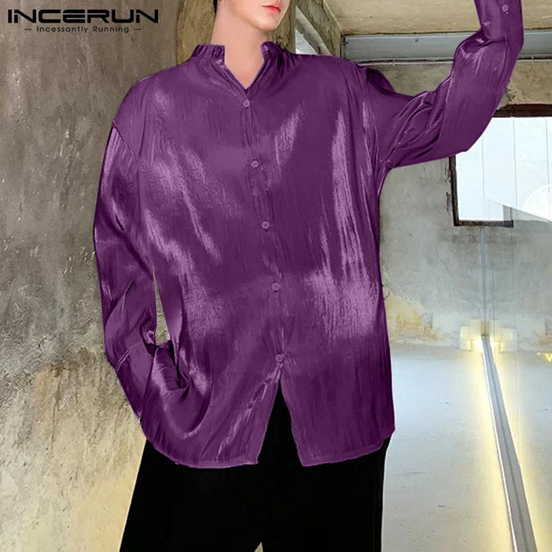 INCERUN Ανδρικά Γκλίτερ Πουκάμισα Μακρυμάνικα Κουμπιά Μονόχρωμα Ανοιχτή Πλάτη Τοπ με Μπαντάζ