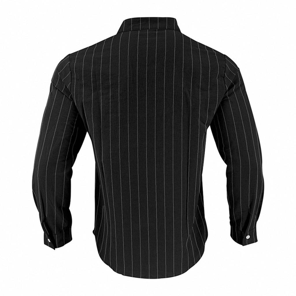 Camicia Casual da Uomo a Righe in Lino, Vestibilità Larga, Collo alla Coreana, Manica Lunga, con Tasca, Abbottonatura