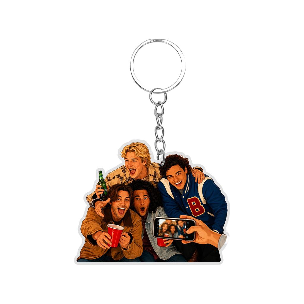 Acrylic Keychain Featuring Four Ice Hockey Players Standing Side by Side Wearing Numbered Jerseys with Attached Metal Key Ring for Easy Carrying