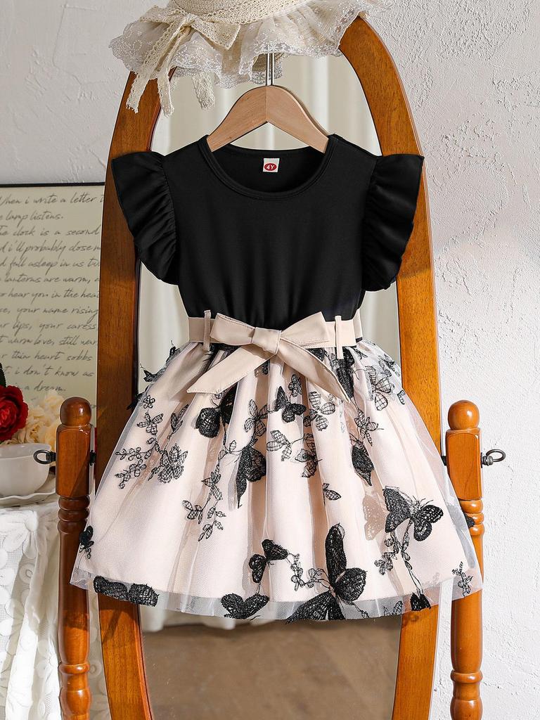 Spring/Summer 2026 Girls' Ruffle Sleeve Knit Pullover Dress for Small and Medium Children