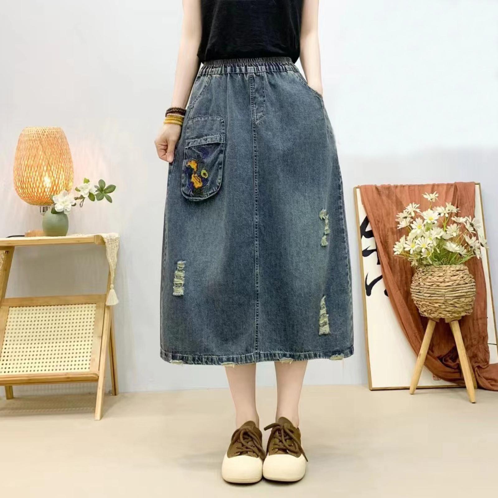 Свободная вышитая джинсовая юбка-халтер L синий