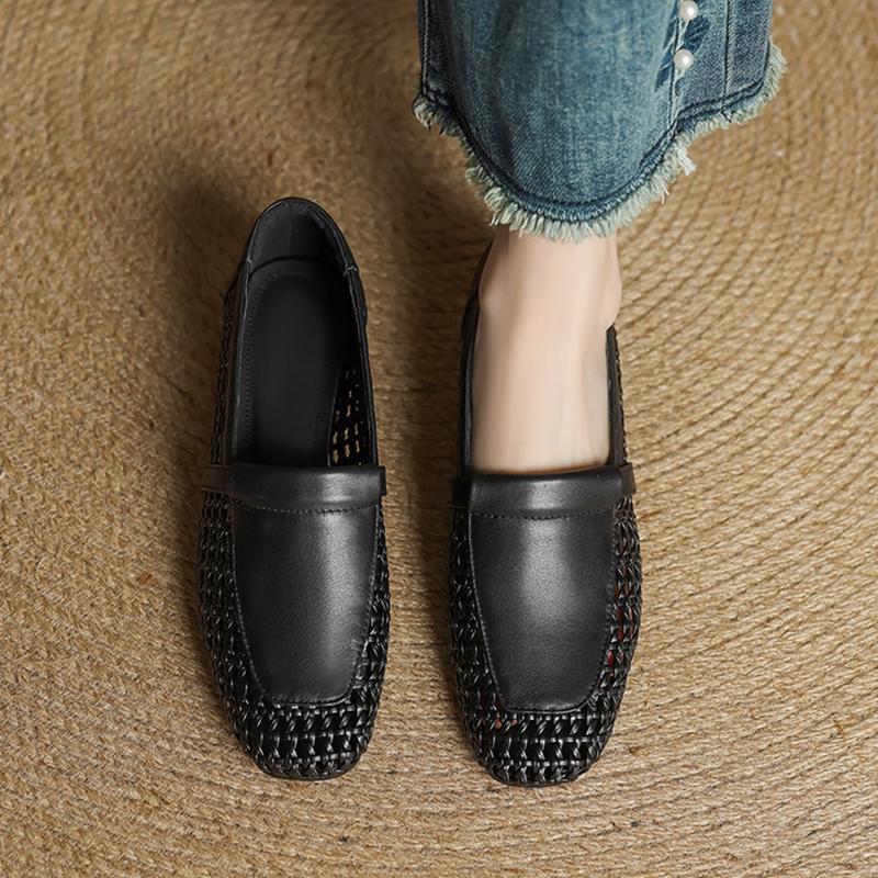 Fashion NEW Spring/Autumn Women Loafers Square Toe Low Heel Shoes Genuine Leather Shoes for Women Soft Slip-on Women Pumps Weave Shoes