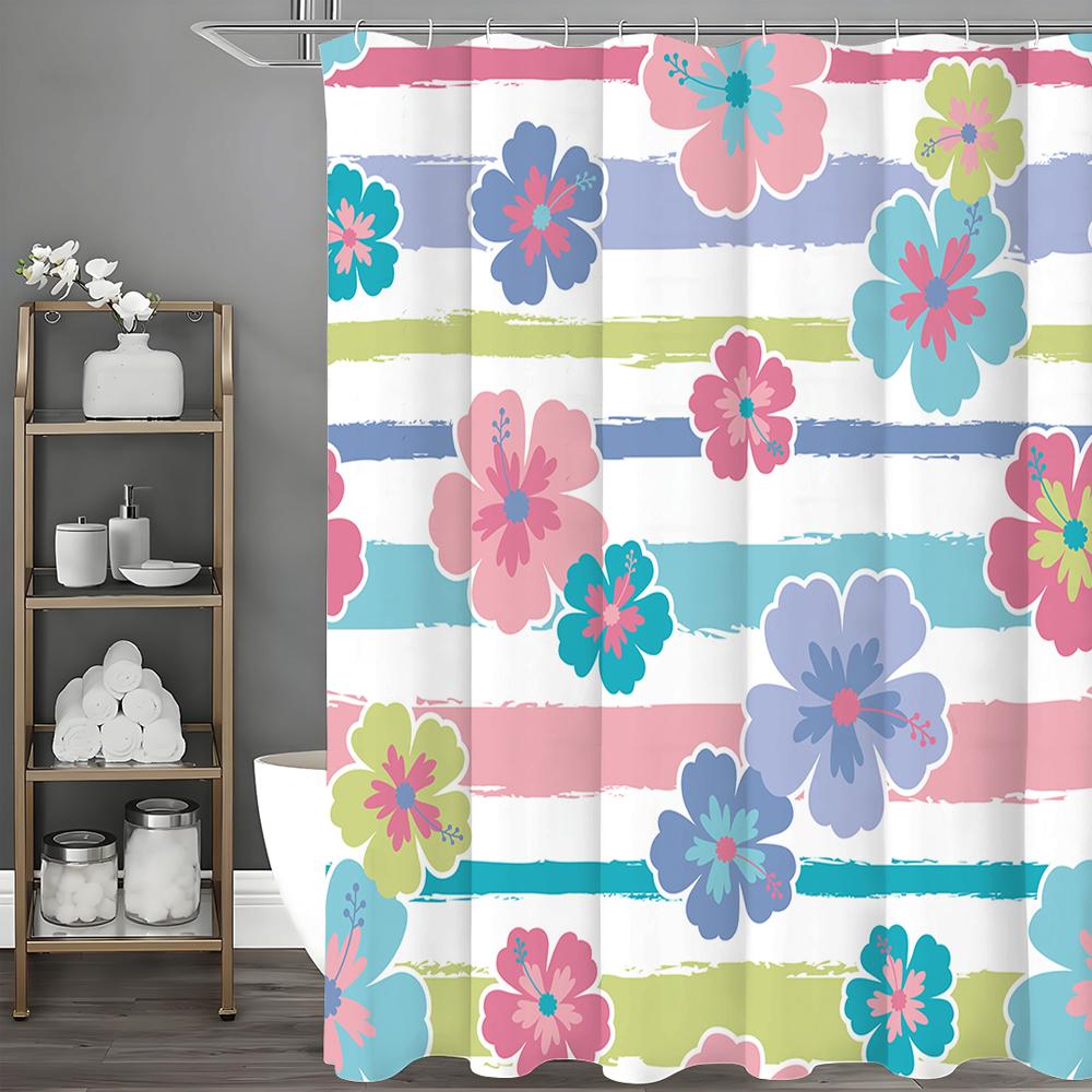 

Colorful Striped Flower Shower Curtain, Bathroom Decorative Shower Curtain, Waterproof Shower Curtain with Hooks 90*180cm