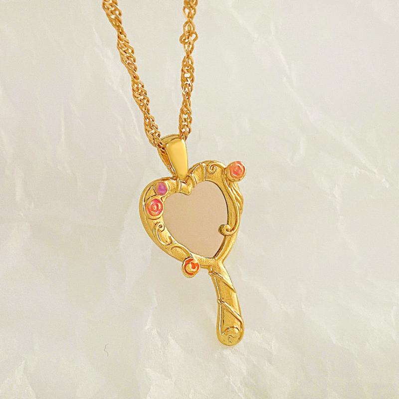 

New Fashionable Heart-shaped Mirror Pendant Necklace, Women s Sweet Temperament Holiday Party Accessories Gift