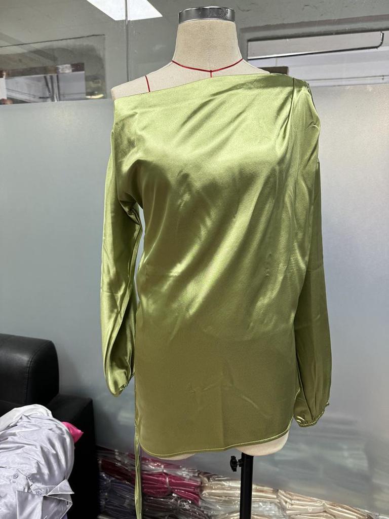 Asymmetrical Satin Blouse with Slanted Collar - Women's Spring/Autumn Collection