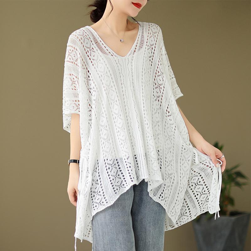 

Sheer Crochet Cover Up Tucnic Tops for Women Drawstring Side Openwork Knit Pullover Summer Coverups Boho Beach Vacation Outfit One Size білий