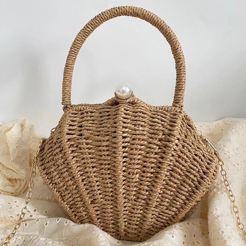 

Shell shaped chain small Messenger Bag rattan woven ins beach vacation mobile phone fashionable Crossbody bag beach Straw bag