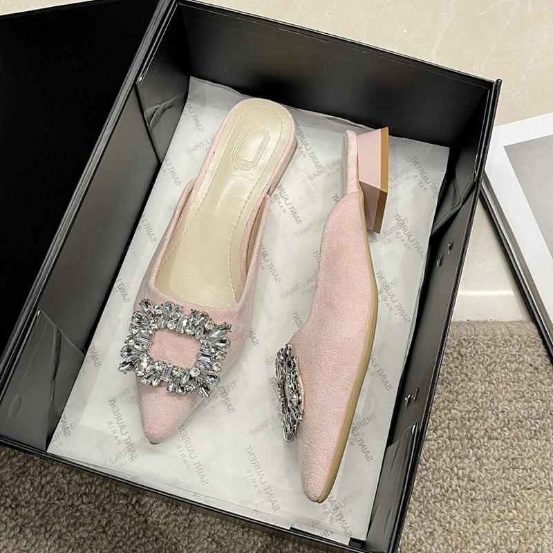 

Модные летние женские шлепанцы с острым носком, модные шлепанцы с украшением из кристаллов, женские повседневные уличные сандалии на низком каблуке Size 35(foot 22.5cm) розовый