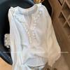 Women's Summer White Ruffle V Neck Blouse Casual Long Sleeve Shirt