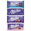 Set asortiment 4 tipuri ciocolată Milka (Oreo Alpen Lapte Vacă Fericită Căpșună) fiecare card original cu mesaj de 90g inclus.