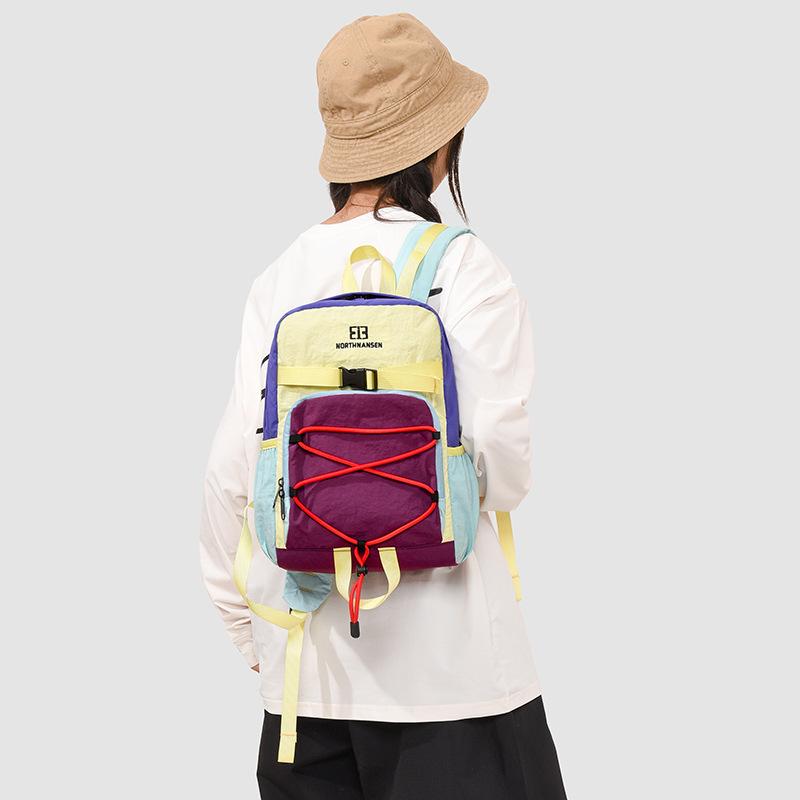 Colorblock Sport Backpack with Front Bungee Cord Buckle Strap Casual Lightweight Daypack for Outdoor Travel