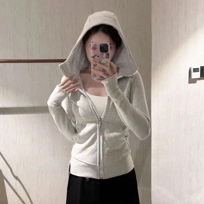 Women's Slim-Fit Pink Hooded Zipper Jacket, Sporty Spring/Autumn Style