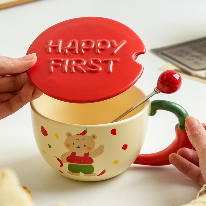 Cute And High-Value Bear Ceramic Cup With Lid And Spoon, Home Office Couple Water Cup Girl Gift