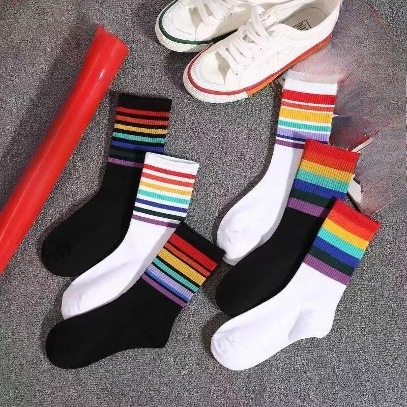 Instime Unisex Stripes Mid Men Socks Harajuku Colorful Funny Socks Men 1 Pair Kawaii Rainbow Color