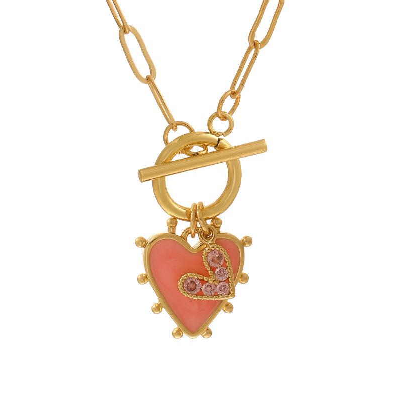 Women's Trendy Copper Inlaid Zircon Heart Pendant Chain Necklace with Ot Buckle
