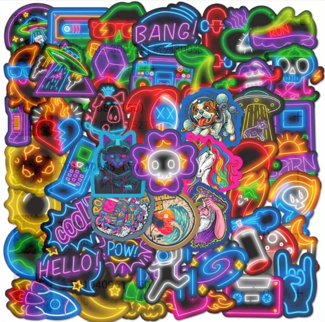

50 шт. Крутые неоновые наклейки с подсветкой, Трендовое граффити, Водонепроницаемый винил, Набор неоновых наклеек для лобового стекла, багажника, мотоцикла, ноутбука, телефона