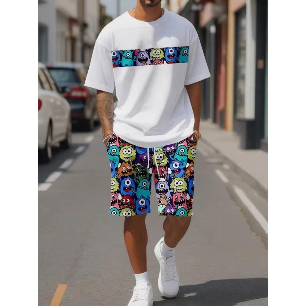 Cartoon Print Summer Casual Men's Suit Urban Fashion Street Short Sleeved Top and Shorts Casual Lightweight Breathable T-shirt Set