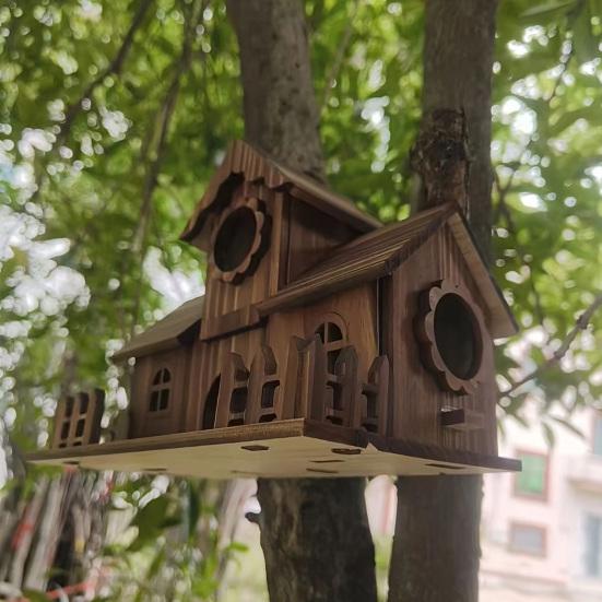 Bird House for Outside Wooden Birdhouse with Perch Platform Four-Hole Rustic Bird House Fits Bluebirds Canaries Cardinals for Garden Backyard