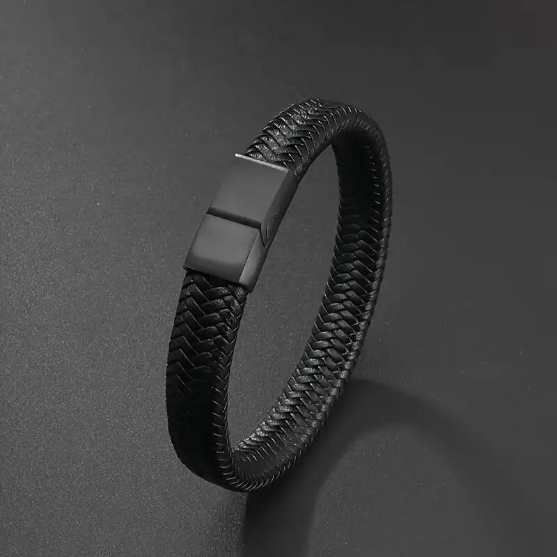 Men's Vintage Leather Magnetic Buckle Bracelet - Minimalist Woven Mesh Design, Handmade