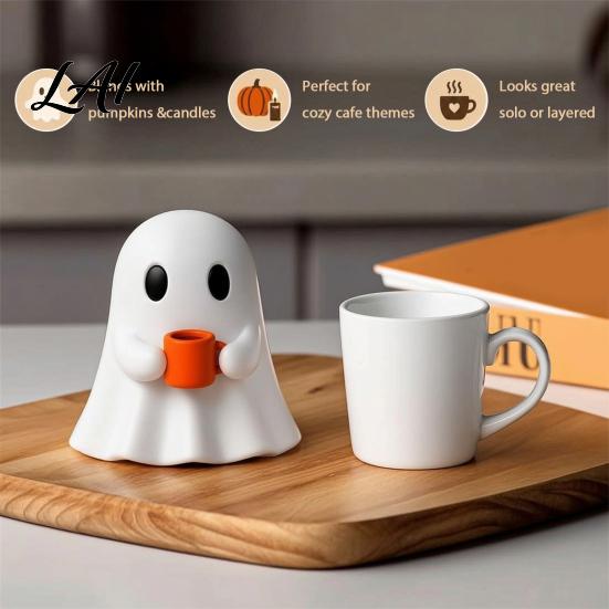 Modern Home Accents Ghost Drinking Coffee Figurine 3D Printed Cute White Holding A Mug Fall Seasonal Decor Statue Spooky Halloween Decoration
