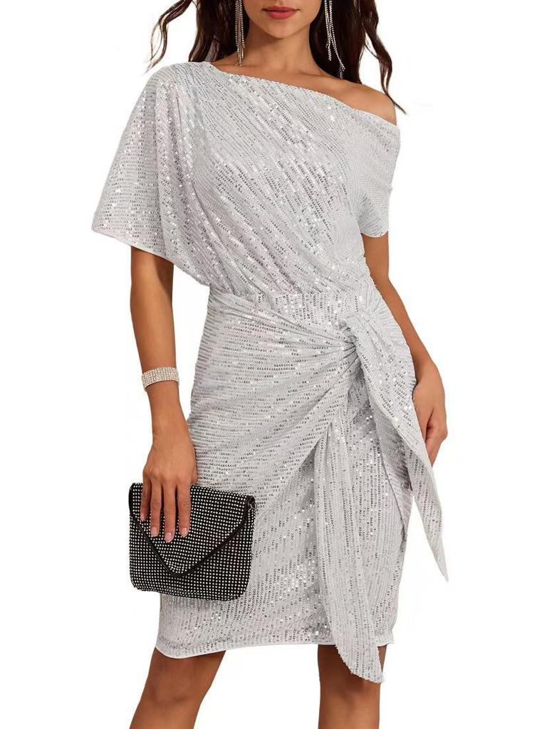 Cross-Border Glitter One-Shoulder Ruffled Party Dress for Women