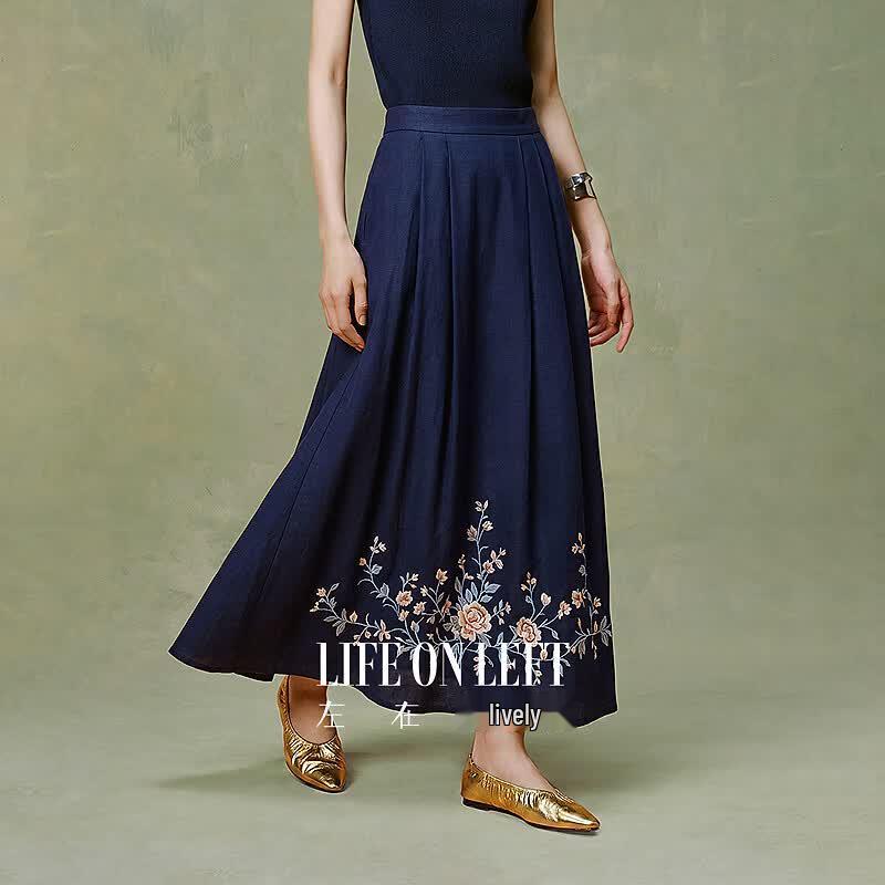 Elegant Embroidered Cotton Linen A-Line Skirt M темно-синий