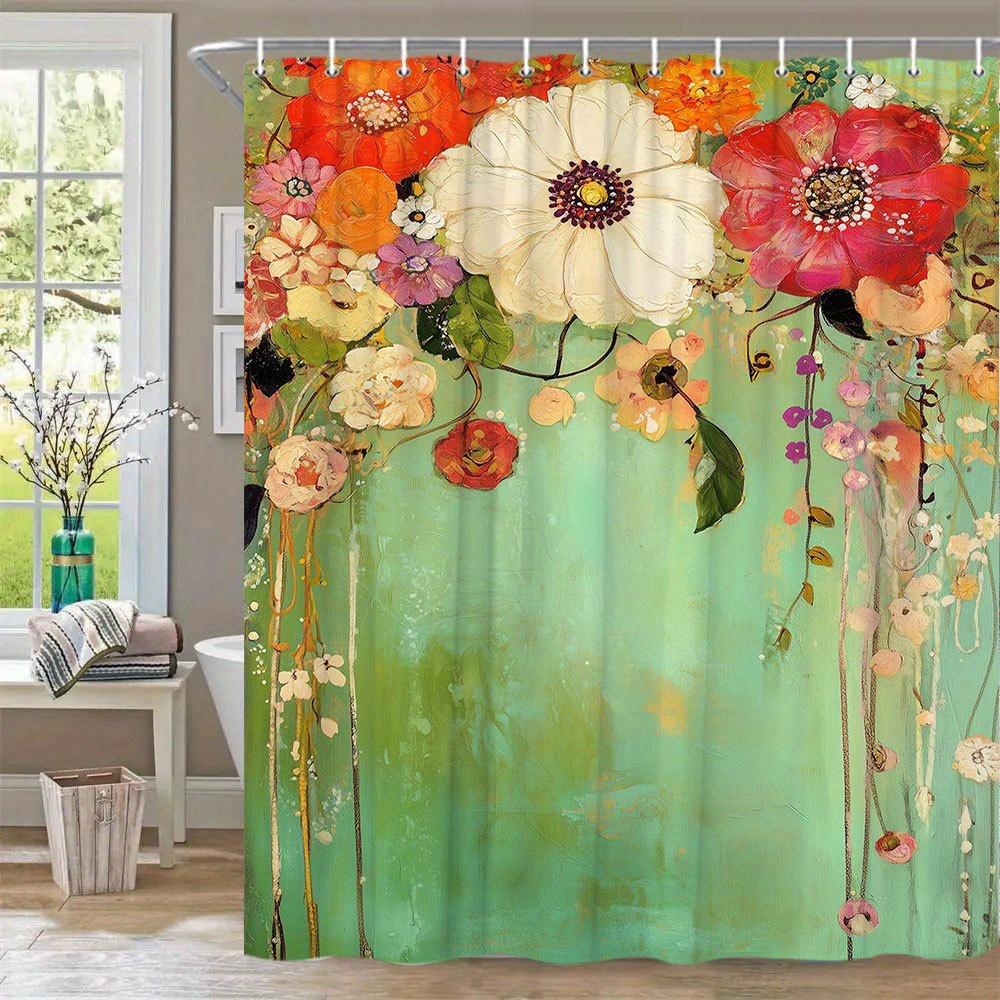 1Pc Vibrant Abstract Watercolor Floral Shower Curtain - Red Pink Orange Flowers On Turquoise Green, 70.86X70.86 Inch Polyester