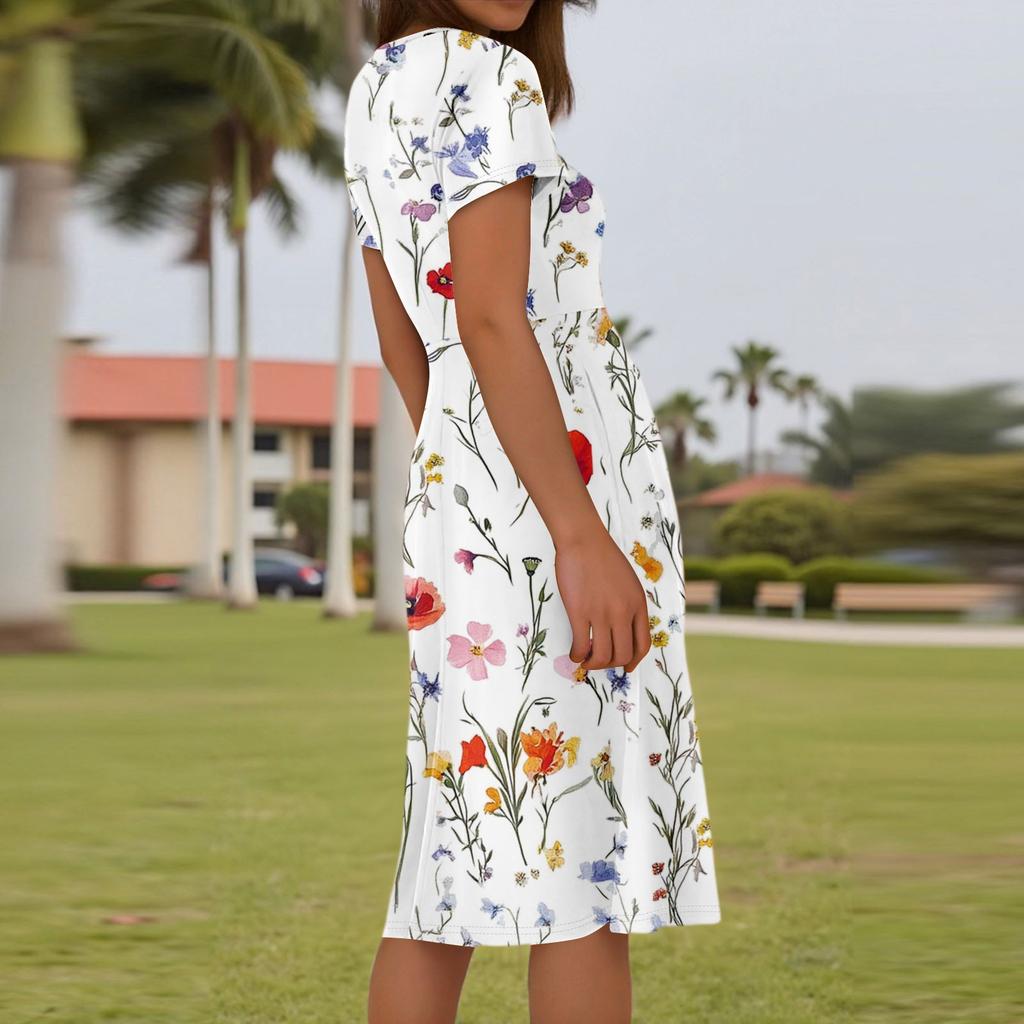 Ladies Summer Fashion Casual Floral Print V-Neck Short Sleeve Pocket Dress