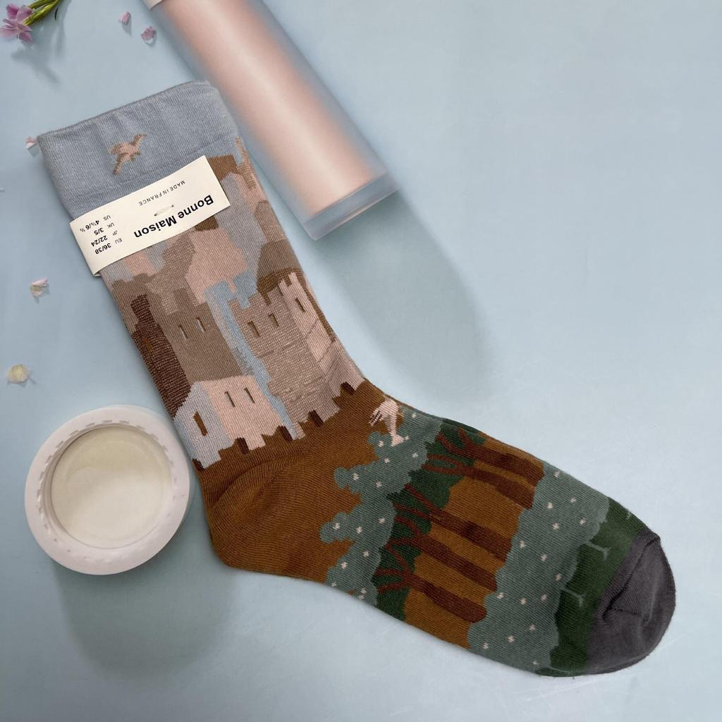 Bonne Maison: Retro-Ölgemälde-Socken für Damen, mittelhoch, luxuriös, französisch, bis zur Wade