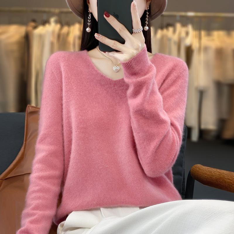 Women's V-Neck Pure Wool Knit Sweater - Heart Neckline, Autumn/Winter Base Layer