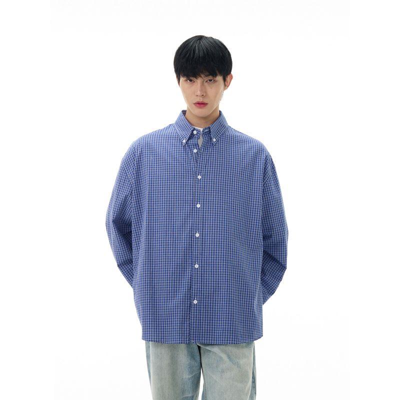 Kisko Retro Blue Gingham Laid-Back Long Sleeve Shirt