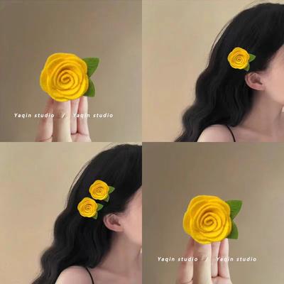 Sweet Yellow Flower Ear Clip with Bangs, Girl Hair Clip, Side Clip with Non-woven Fabric Roll Rose
