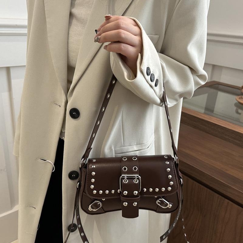 Trendy Motorcycle Punk Style Shoulder Bag for Women Solid Color Fashion Rivet Commuter Small Square Underarm Bag