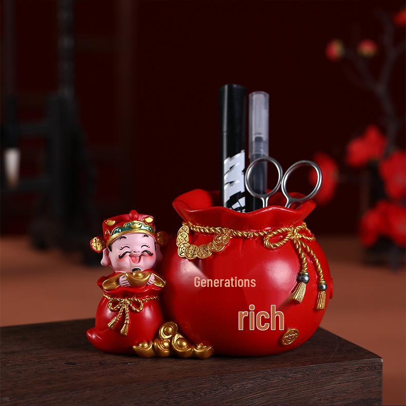 Fortune Piggy Bank: God of Wealth Pen Holder & Flower Arrangement - Lucky Bag Decor, Office Storage, New Year Gift