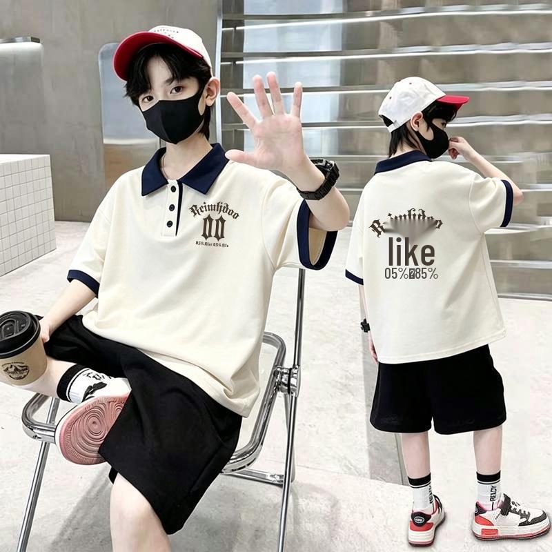New Boys' Korean Style Color Block Cotton Polo T-shirt Set - Trendy Short Sleeve Summer Arrivals for Medium and Large Kids
