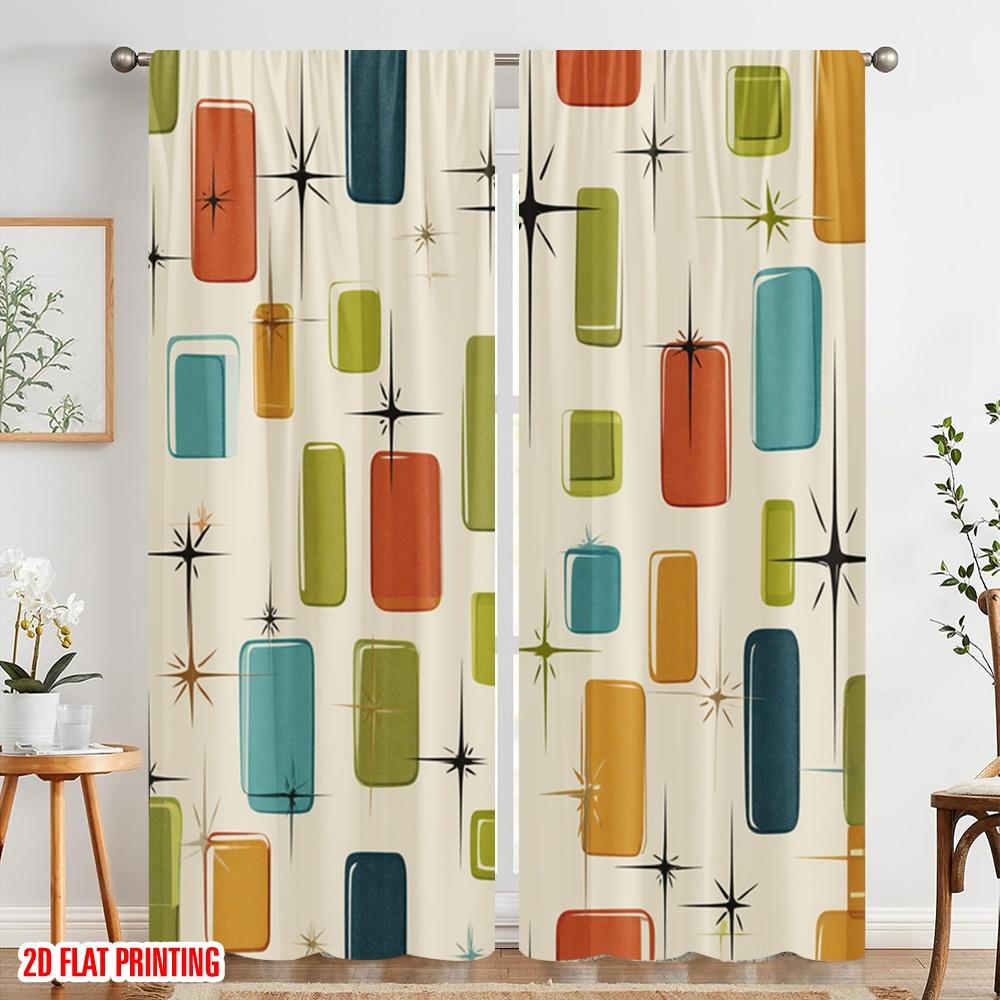 2 Stück, 2D-Flachdruck Vorhang Beliebte Retro-Quadrate Vielseitig 100% Polyester (ohne Stange) Außendekorationen Ldeal für