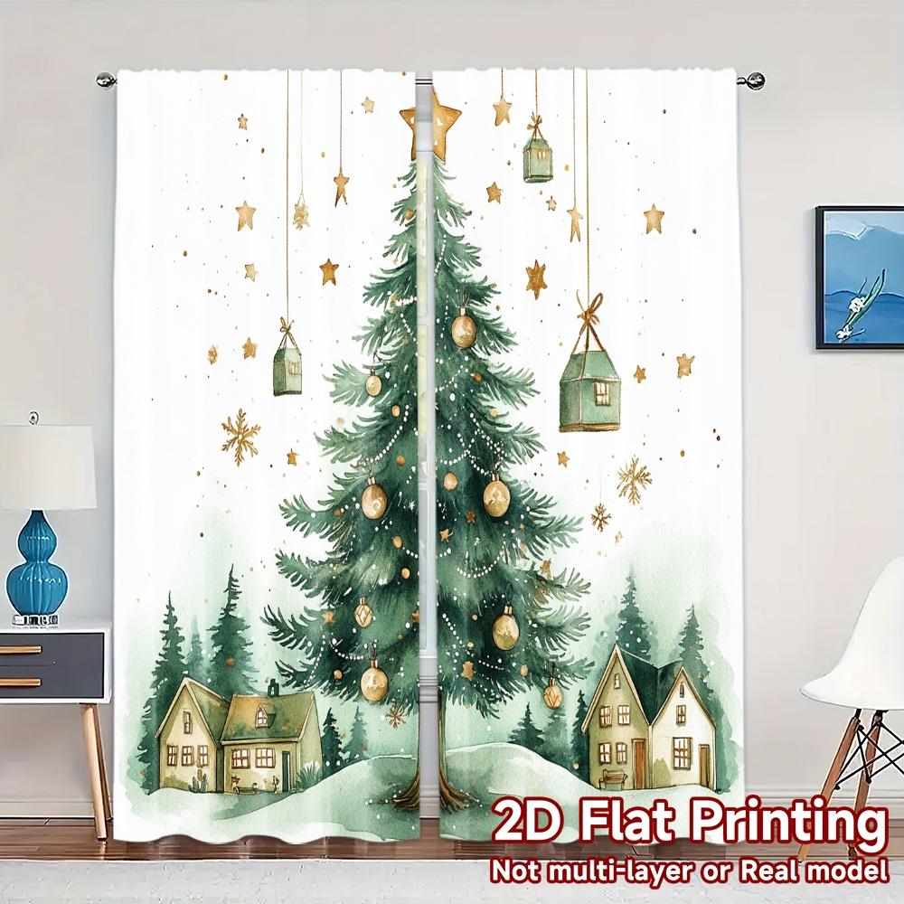 

2 шт., Шторы с рисунком рождественской деревни и праздничной сцены, Популярные шторы, Универсальные шторы из 100% полиэстера для праздничного использования 52.50×116.00 CM 2pcs