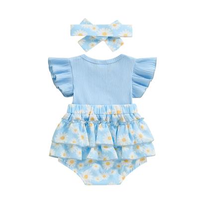 Outfit für Neugeborene Mädchen, 3 6 9 12 18 Monate, Fliegenärmel, Blumendruck, Schleife, Patchwork, Strampler mit Haarband, Sommerkleidung