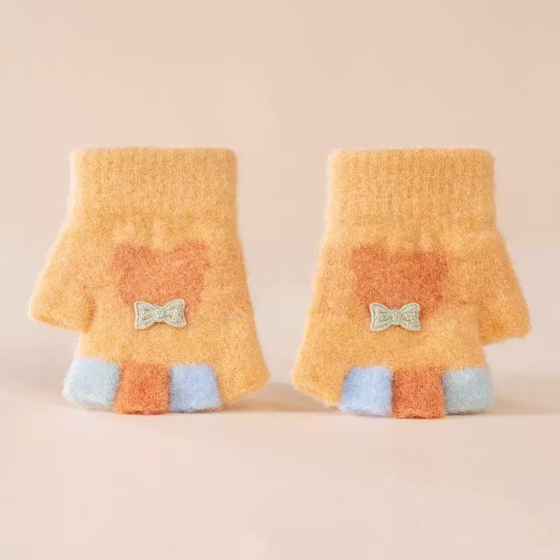 Cartoon Knit Half-Finger Gloves for Kids Aged 1-4, Cozy Winter Warmth with Plush Lining One Size