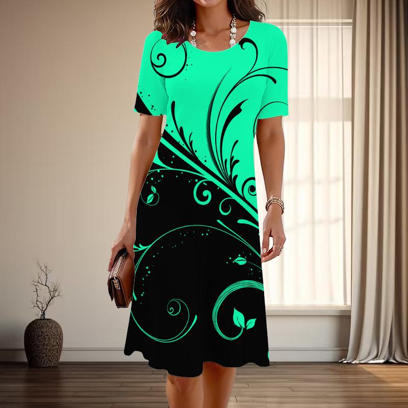 

Женская мода изящный листовидный принт лето весна короткий рукав О-образный вырез повседневные платья 8XL зелёный
