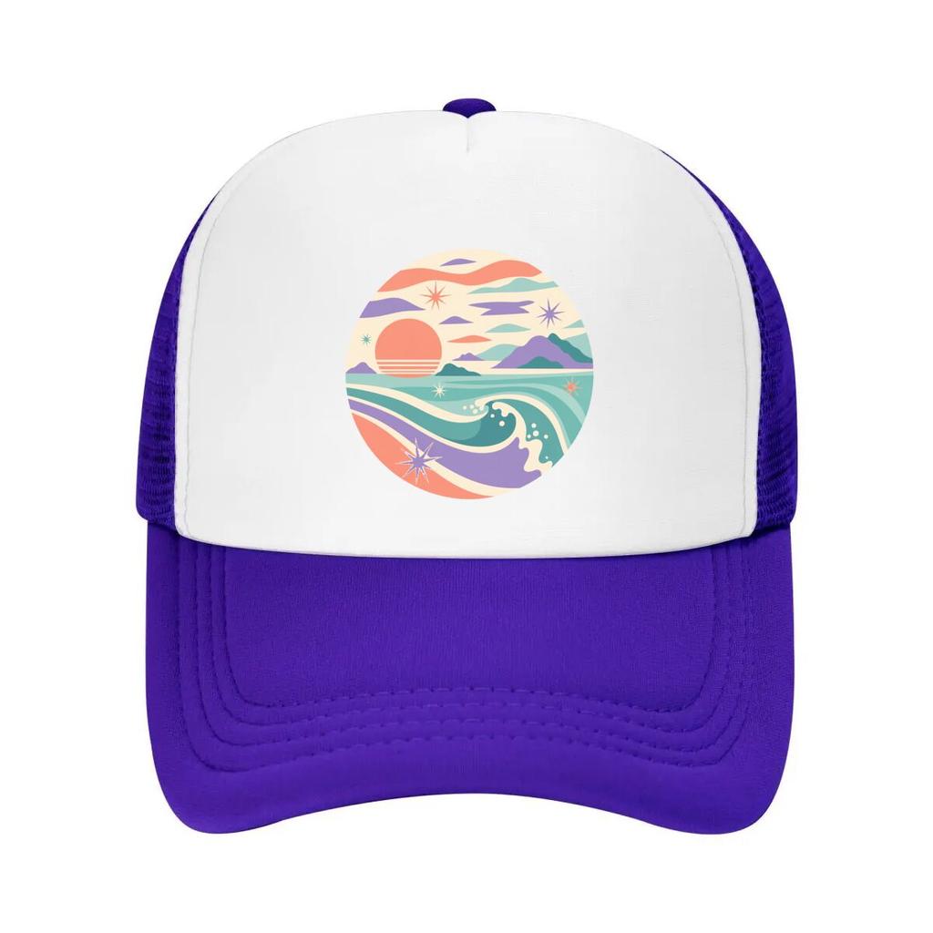 Pastel Coastal Sunset Wave Emblem Mesh Baseball Cap Casual Hat Outdoor For Womens Unisex FeUnisex