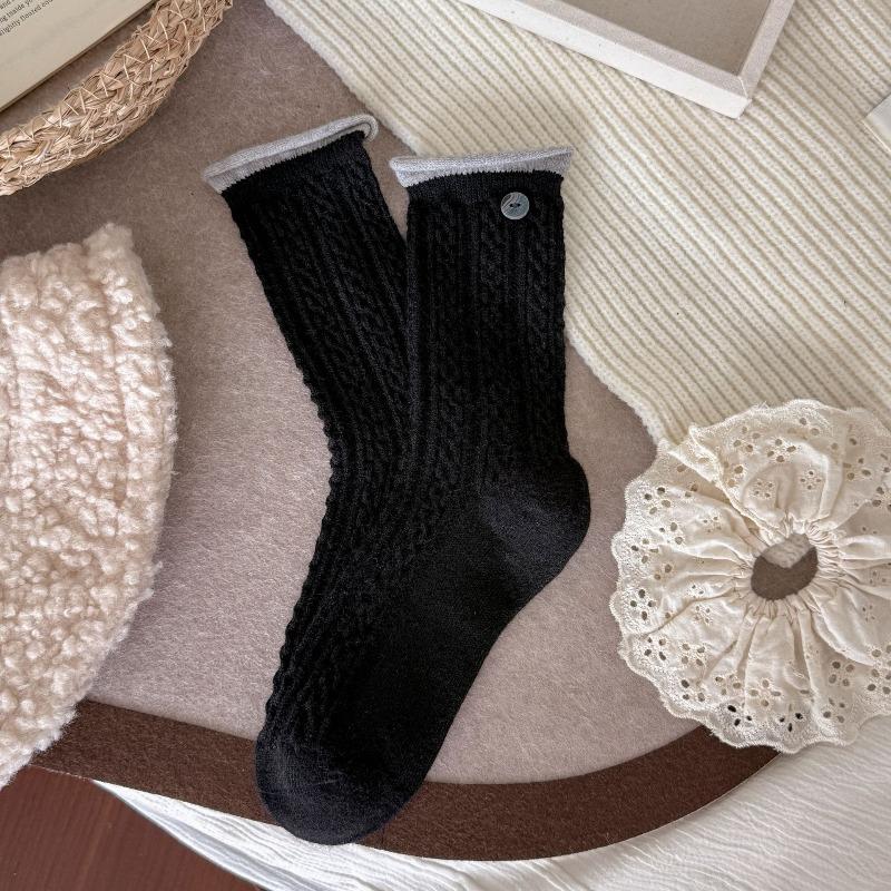 Autumn and Winter Warm Fleece Wool Twisted Mid-calf Socks with Contrasting Colors, Rolled Edges and Cuffs, Versatile and Thickened Warm Pile Socks
