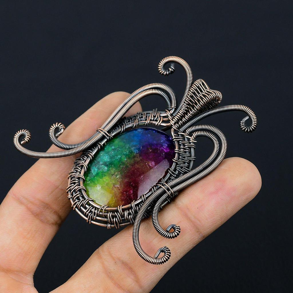Butterfly Shaped Rainbow Solar Quartz Gemstone Pure Copper Wire Wrapped Handmade Pendant Jewelry For Her