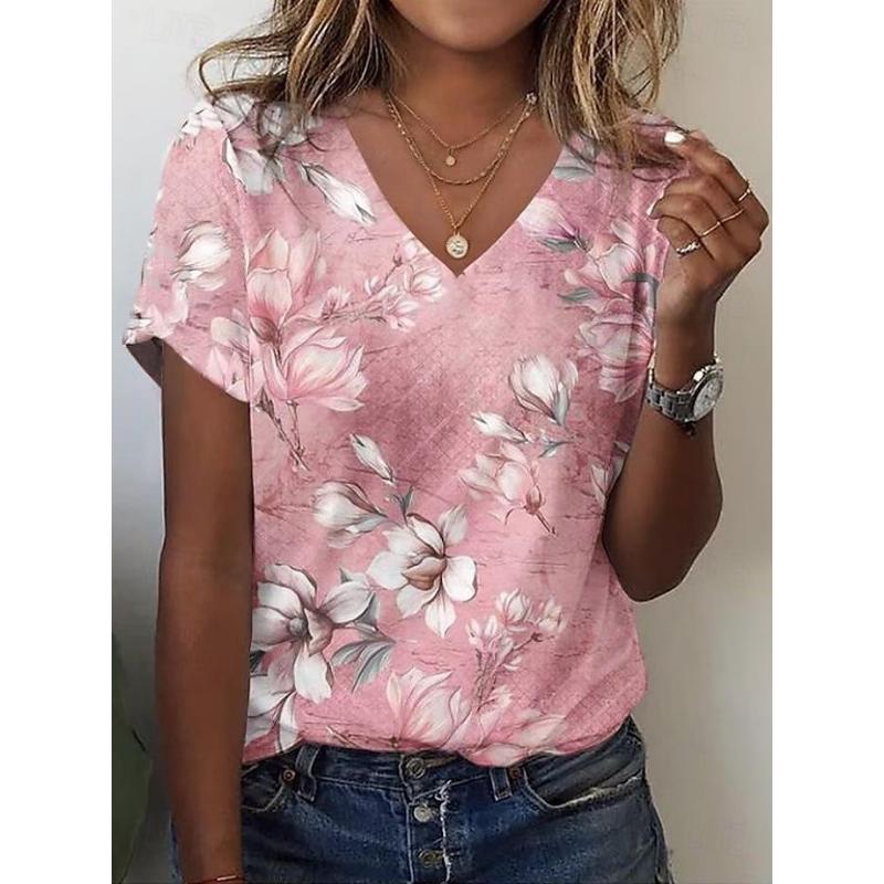 2025 New Summer Women's Cat Paw Color Print T-shirt V-neck Short Sleeve Street Casual Daily Basic Tops