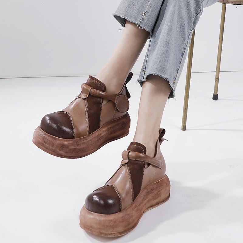 Johnature Flache Plateauschuhe aus echtem Leder für Damen, vielseitige Vintage-Schuhe mit runder Zehenpartie und dicker Sohle